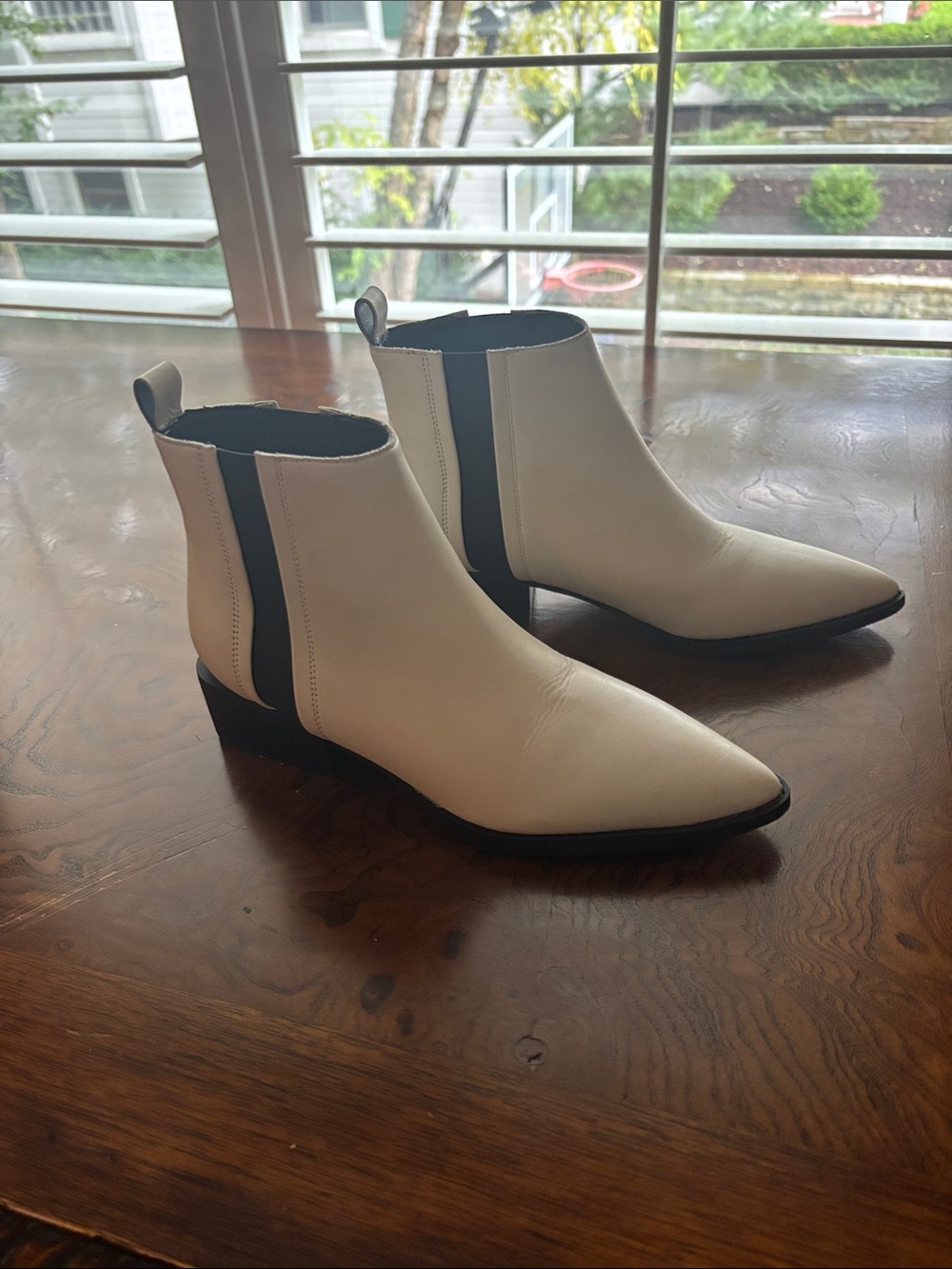 Marc Fisher Cream Pointed Chelsea Ankle Boots with Black Elastic
